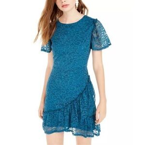 City Vibe teal short sleeve sheath floral lace dress